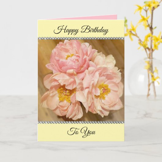 Carte Joli Peonies Roses Joyeux Anniversaire (Fleur jaune)