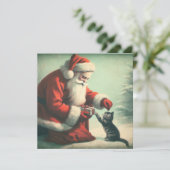 Carte Joli Père Noël vintage avec chaton (Debout devant)