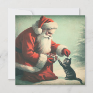 Carte Joli Père Noël vintage avec chaton 