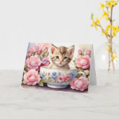 Carte Joli petit chat à l'aquarelle dans une tasse à thé (Fleur jaune)