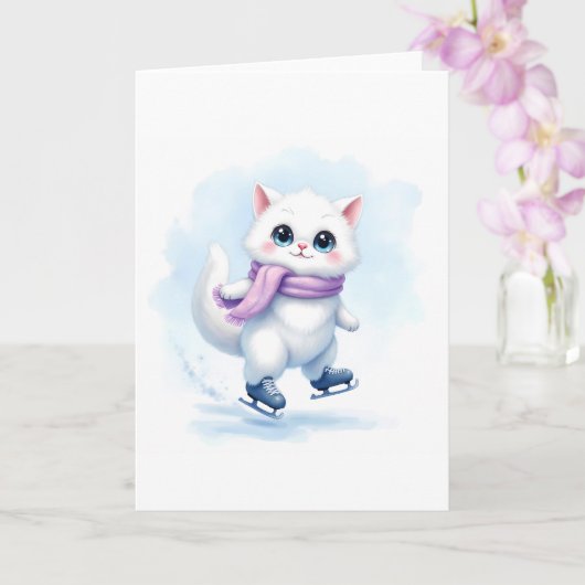 Carte Joli petit chat blanc d'hiver patinant sur glace c (Orchidée)