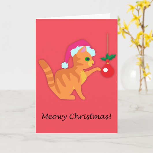 Carte Joli petit chat roux pour Noël (Fleur jaune)