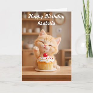Carte Joli petit chaton orange avec un Cupcake