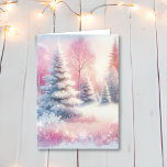 Carte Joli Pink Winter Wonderland Noël<br><div class="desc">Jolie carte de Noël d'hiver rose merveilleuse. Une forêt rose avec des pins couverts de neige.</div>