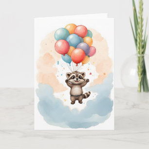 Carte Joli Raton Laveur Aquarelle Ballons Colorés Vide