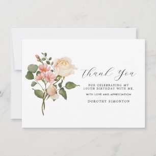 Carte Joli rose blanc floral 100e anniversaire Merci