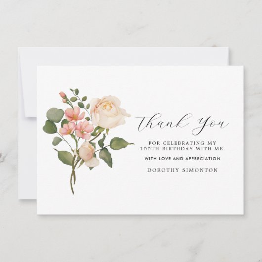 Carte Joli rose blanc floral 100e anniversaire Merci (Devant)