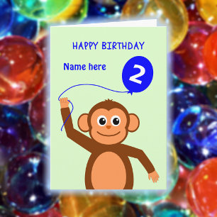 Carte Joli singe de 2e anniversaire ajouter nom bleu