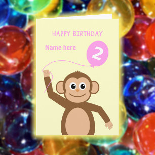 Carte Joli singe de 2e anniversaire ajouter nom rose
