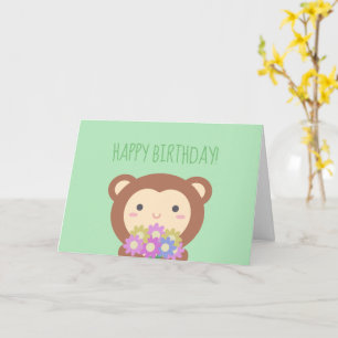 Carte Joli singe mignon et fleurs Joyeux Anniversaire