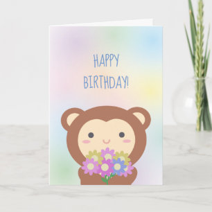 Carte Joli singe mignon et fleurs Joyeux Anniversaire