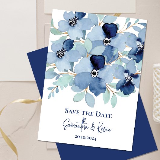 Carte Joli Stale Bleu Floral Mariage Enregistrer La Date