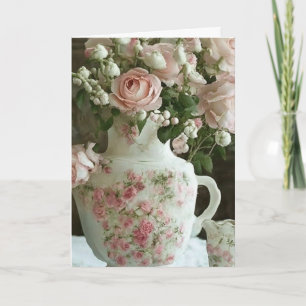 Carte Joli Théière Chinoise Vintage et Roses Anniversa