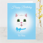 Carte Joli visage de chat Anniversaire sur bleu clair (Fleur jaune)