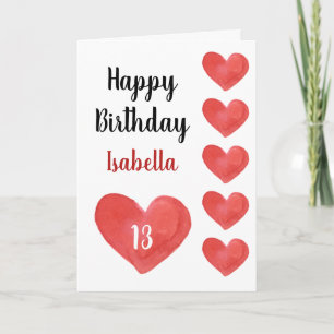 Carte Jolie Aquarelle Rouge Coeur 13e Anniversaire