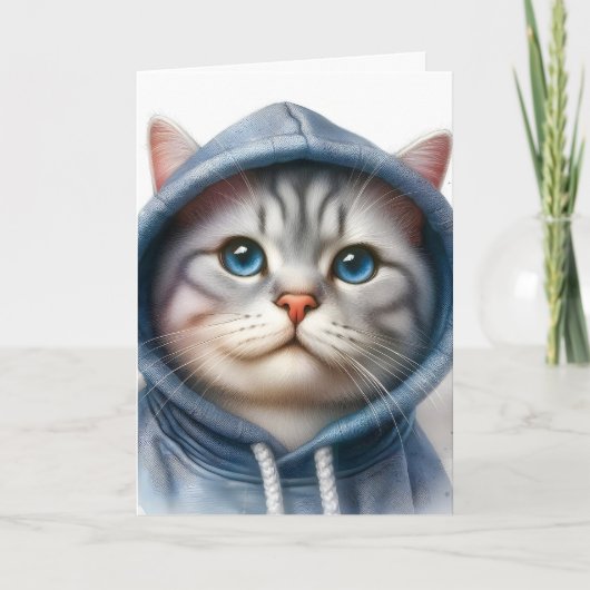 Carte Jolie combinaison grise et blanche Chat tabby Yeux (Devant)