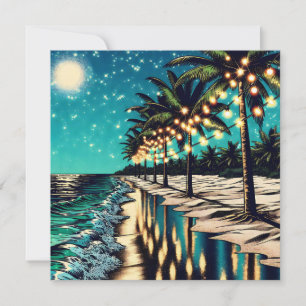 Carte Jolie côte avec palmiers et lumières blanches
