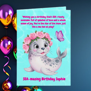 Carte Jolie couleur florale Lion de mer Anniversaire de