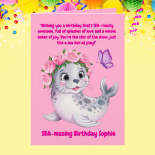 Carte Jolie couleur florale Lion de mer Anniversaire de 