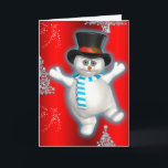 Carte Jolie Dancing Snowman Red Christmas<br><div class="desc">Une jolie carte de Noël bonhomme de neige avec un adorable bonhomme de neige habillé d'un chapeau noir brillant et portant un foulard rayé bleu et blanc. Il danse dans la neige avec des arbres de Noël autour de lui, le tout sur un arrière - plan rouge coloré. Cette carte...</div>
