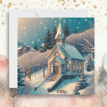 Carte Jolie église pour Noël d'hiver<br><div class="desc">Carte de Noël personnalisée. Jolie église avec la neige brillante tombant sur elle la nostalgique carte de Noël vintage.</div>