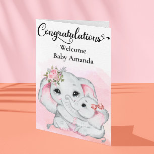 Carte Jolie éléphant rose mère bébé félicitations 