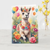 Carte Jolie et joyeuse Llama en plein air célébrant | Ca (Fleur jaune)