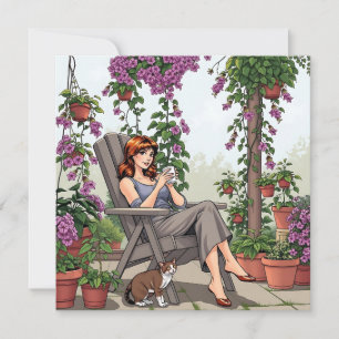 Carte Jolie femme buvant du café, son chien et Plantes
