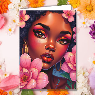 Carte Jolie femme de couleur avec des fleurs Anniversair