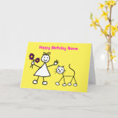 Carte Jolie Fille avec Chat Anniversaire (Fleur jaune)