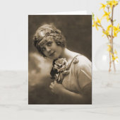 Carte jolie fille avec un rose (Fleur jaune)