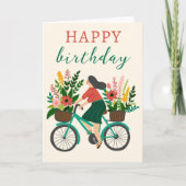 Carte Jolie fille équitation vélo avec fleurs Joyeux ann (Devant)