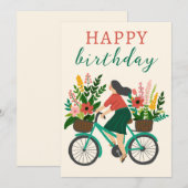 Carte Jolie fille équitation vélo avec fleurs Joyeux ann (Devant / Derrière)