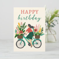 Jolie fille équitation vélo avec fleurs Joyeux ann