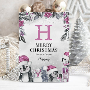 Carte Jolie fille pingouin rose Noël