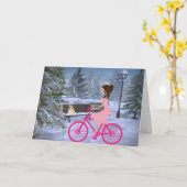 Carte Jolie Fille Sur Un Vélo Rose Hiver (Fleur jaune)