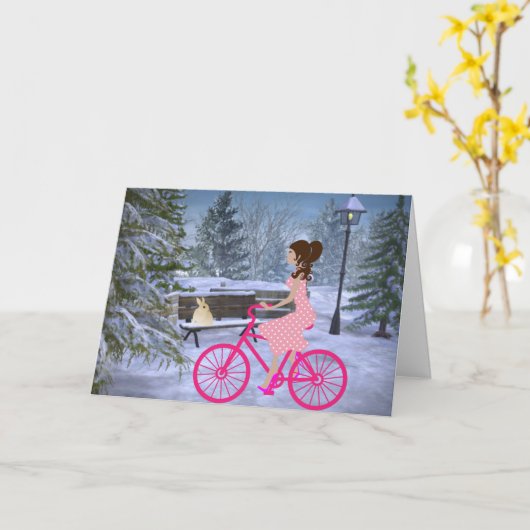 Carte Jolie Fille Sur Un Vélo Rose Hiver (Fleur jaune)