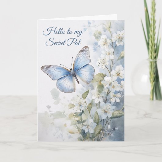 Carte Jolie Fleurs blanches et Papillon bleu Secret Pal (Devant)
