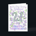 Carte Jolie Floral 21e anniversaire Special Girlfriend<br><div class="desc">Une très jolie carte d'anniversaire 21ème pour une amie très spéciale, avec des chiffres remplis d'un motif de fleurs Phlox et surligné en vert et des sprigs de fleurs Phlox rose, mauve et bleu. Les mots : "Joyeux anniversaire !" sont également dans les mêmes tons que les fleurs, peintes à...</div>