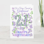 Carte Jolie Floral 21e anniversaire Special Girlfriend<br><div class="desc">Une très jolie carte d'anniversaire 21ème pour une amie très spéciale, avec des chiffres remplis d'un motif de fleurs Phlox et surligné en vert et des sprigs de fleurs Phlox rose, mauve et bleu. Les mots : "Joyeux anniversaire !" sont également dans les mêmes tons que les fleurs, peintes à...</div>