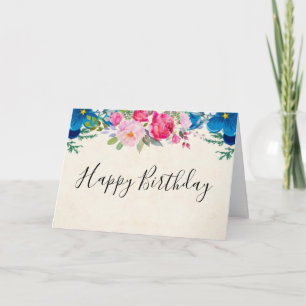 Carte Jolie frontière rose et bleu Fleur Anniversaire