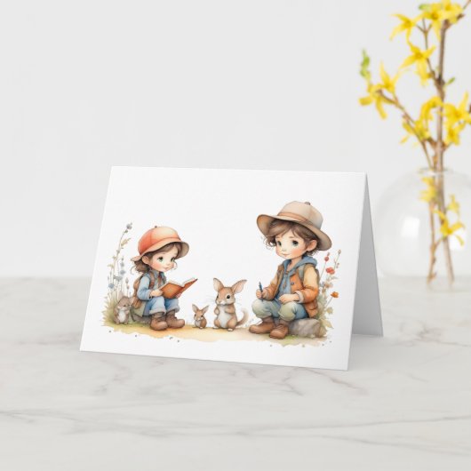 Carte Jolie garçon et fille Lecture Livre Rabbits Fleurs (Fleur jaune)