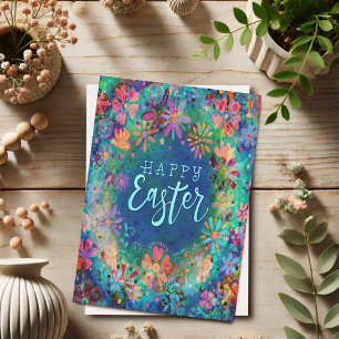 Carte Jolie Inspiration Florale Bleue Joyeuses Pâques 