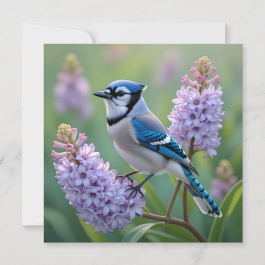 Carte Jolie Jay Bleue debout sur les Branches Lilac (Devant)