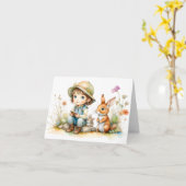 Carte Jolie petite fille avec lapins et fleurs Blank (Fleur jaune)