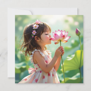 Carte Jolie petite fille qui sent une rose rose rose