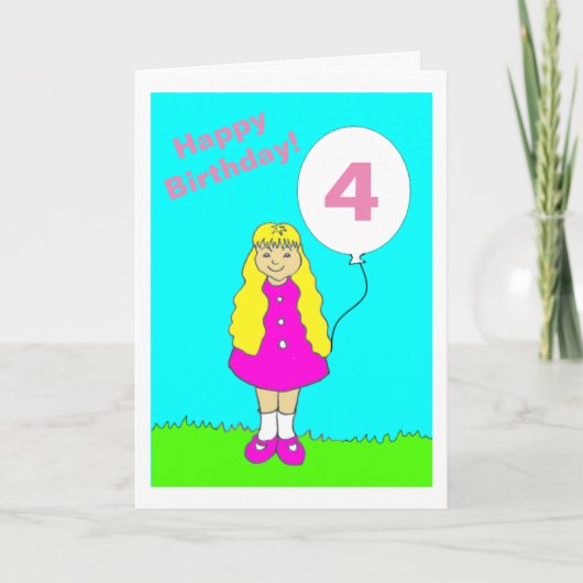Carte Jolie Petite Fille Rose Âgée 4 Anniversaire (Devant)