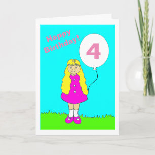 Carte Jolie Petite Fille Rose Âgée 4 Anniversaire
