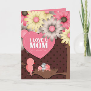 Carte Jolie petite fille rose jaune marron floral Fête d