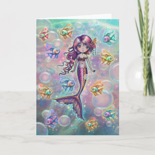 Carte Jolie petite sirène rose et poisson fantaisie arti
